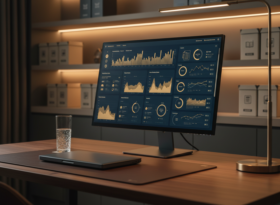 A large, ultra-thin monitor on a dark walnut desk displaying a sophisticated dashboard of recurring revenue streams, subscription graphs, and digital product sales charts in muted gold and deep navy tones. Next to it, a closed matte-black laptop and a crystal-clear glass of sparkling water rest on a leather desk pad. Behind, built-in shelves with neatly arranged neutral-colored boxes labeled with subtle icons for eBooks, templates, and courses are softly out of focus. Warm, indirect LED strip lighting washes the shelves, while a single focused desk lamp illuminates the monitor and workspace. Captured from a three-quarter angle with a medium depth of field, the image has a modern, cinematic, and luxurious photographic style, conveying strategic calm, control, and the quiet power of well-designed digital income.