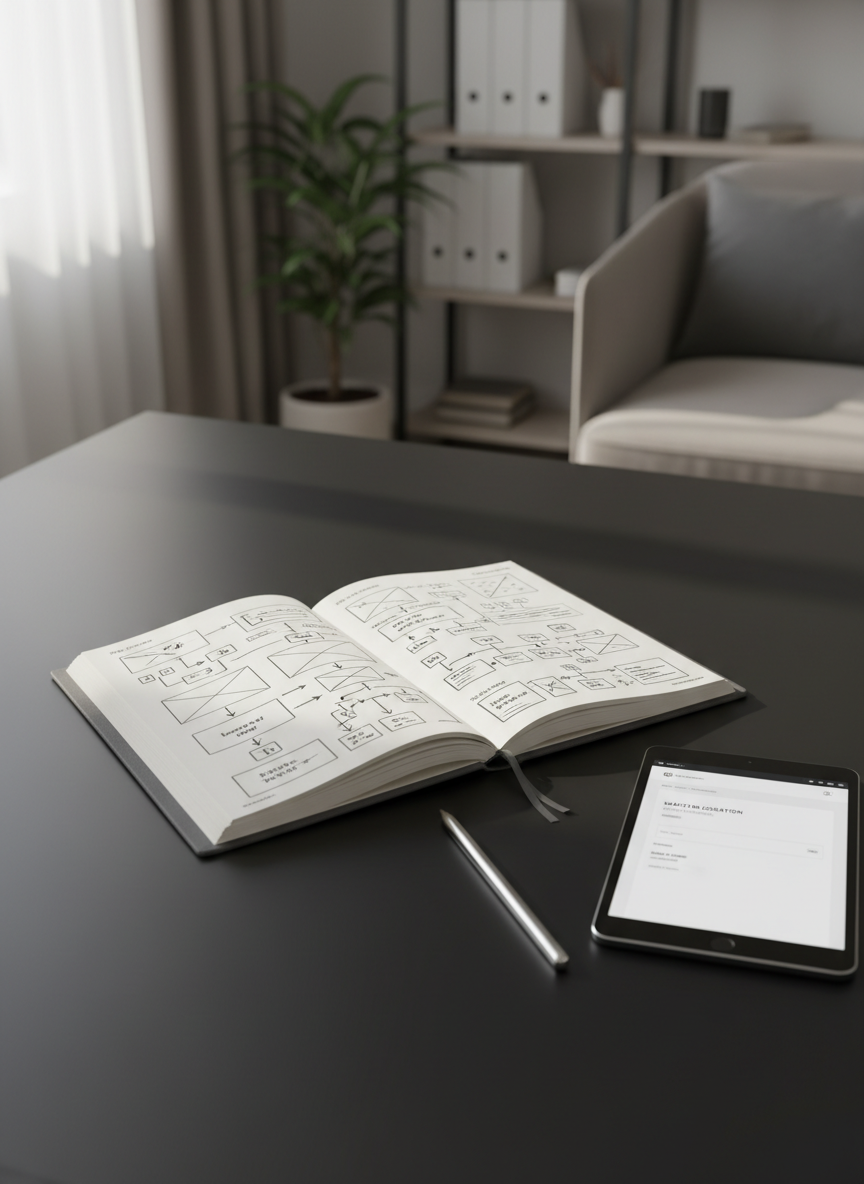A pristine, charcoal-gray notebook lying open on a matte black desk, its pages filled with neatly sketched wireframes of digital products, flowcharts of automated income streams, and elegant typography ideas. Nearby, a slim silver stylus rests beside a tablet displaying a refined, monochrome mockup of an online course platform. Soft, diffused morning light enters from the left, creating gentle highlights along the metallic edges and subtle shadows across the paper’s texture. The background fades into a softly blurred, high-end home office with muted tones. Captured from a slightly elevated angle with balanced composition, the image exudes quiet focus and strategic thinking in a clean, modern photographic style that embodies sophistication and intentional wealth-building beyond traditional work hours.