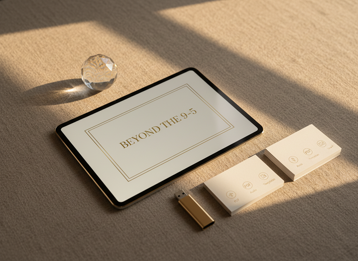 A refined close-up of a tablet resting on a textured taupe linen surface, displaying an elegant digital workbook cover titled "Beyond the 9-5" in minimalist serif typography, framed by subtle gold lines. Around the tablet, there are carefully placed objects: a translucent crystal paperweight catching light, a slim metallic USB drive, and a neatly stacked set of cream-colored index cards with tiny icons for PDFs, audio, and templates. Soft late-afternoon light filters from the right, creating long, gentle shadows and warm highlights on the metallic accents. Shot from a slightly elevated, off-center angle with a shallow depth of field, the tablet is in sharp focus while the surrounding objects blur delicately. The photographic, high-end aesthetic communicates sophistication, intentional design, and the allure of well-crafted digital products.