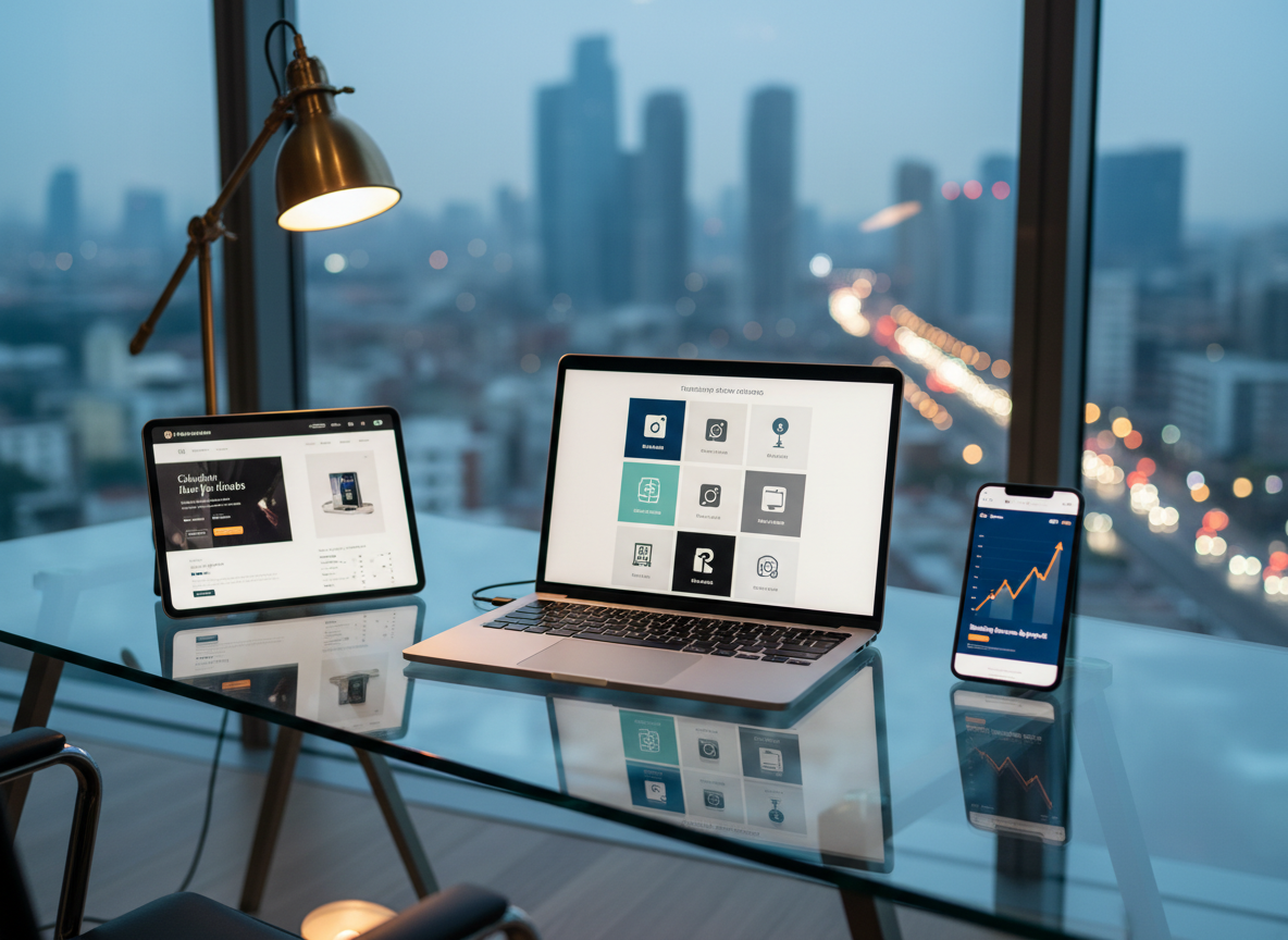 A sleek glass-topped desk displaying an open silver laptop with a minimalist dashboard of digital product icons, a slim tablet showcasing an elegant sales page, and a phone with a clean analytics graph. The desk stands in front of a large floor-to-ceiling window overlooking a softly blurred city skyline at dusk. Cool natural light mixes with the warm glow of a brass desk lamp, casting refined reflections on the glass surface. Shot at eye level with a shallow depth of field, the devices are sharply in focus while the background melts into bokeh. The mood is sophisticated, calm, and aspirational, in a photographic realism style that feels modern, polished, and luxurious, perfect for "Building Income Beyond the 9-5."